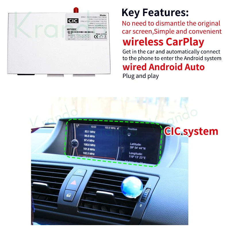 Krando Wireless android auto Apple CarPlay Interface module For BMW 1 Series F20 E87 2 Series F22 3 Series F30 4 Series F32 F36 NBT EVO upgrade box