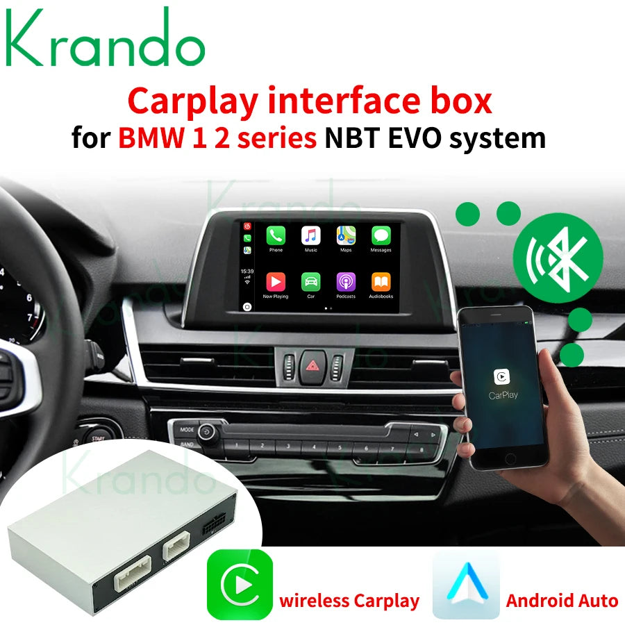 Krando Wireless android auto Apple CarPlay Interface module For BMW 1 Series F20 E87 2 Series F22 3 Series F30 4 Series F32 F36 NBT EVO upgrade box