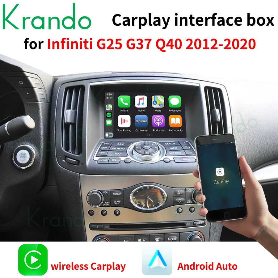 Krando Wireless Android Auto Apple CarPlay Interface module For Infiniti M37 M25 M35 M56 Q70 G25 G37 Q40 QX50 EX25 EX37 QX60 G35 rear camera upgrade box