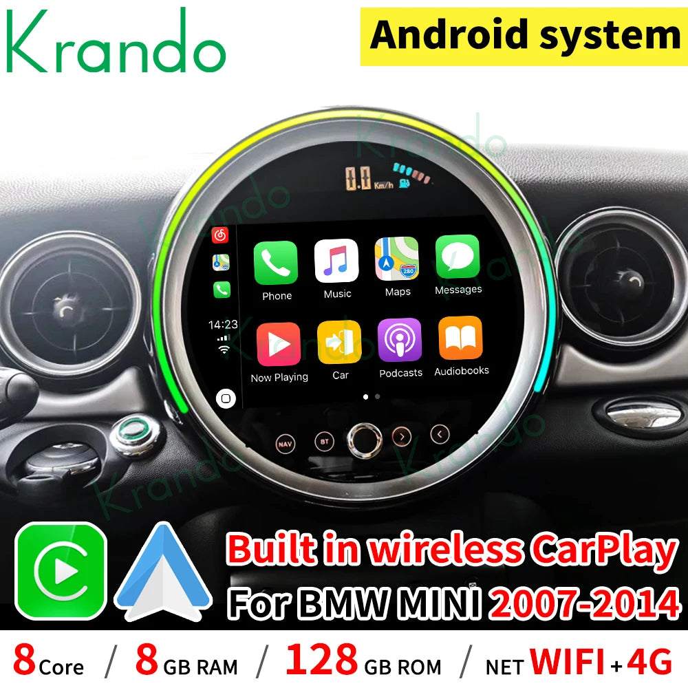 Krando 9" Android 13 Car Radio Gps Multimedia stereo for BMW Mini Cooper R56 R60 2007 - 2014 Wireless Carplay Navigation system head unit with touch screen