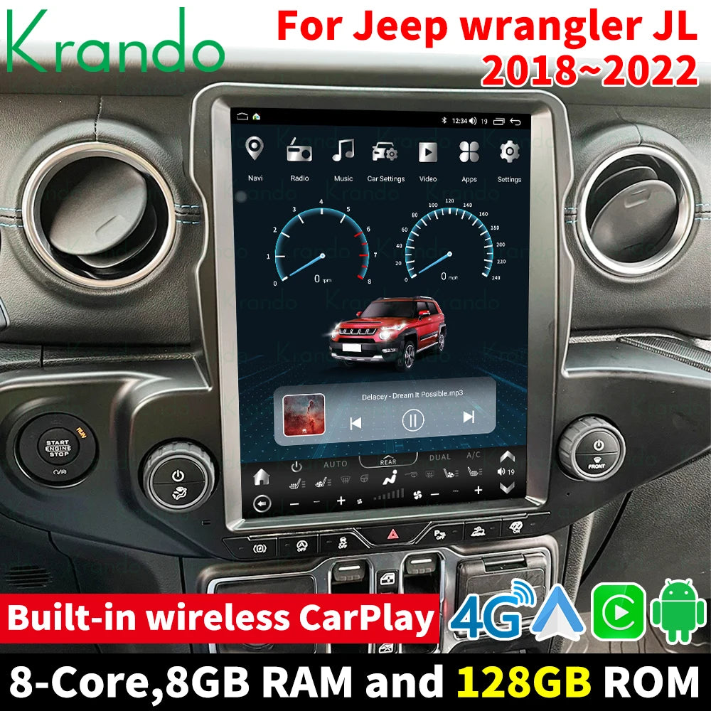 Krando 12.1"  verticialscreen Car Android GPS Navigation For Jeep Wrangler JL 2018-2022 Stereo Carplay Autoradio Multimedia Tesla style Touch Screen head unit