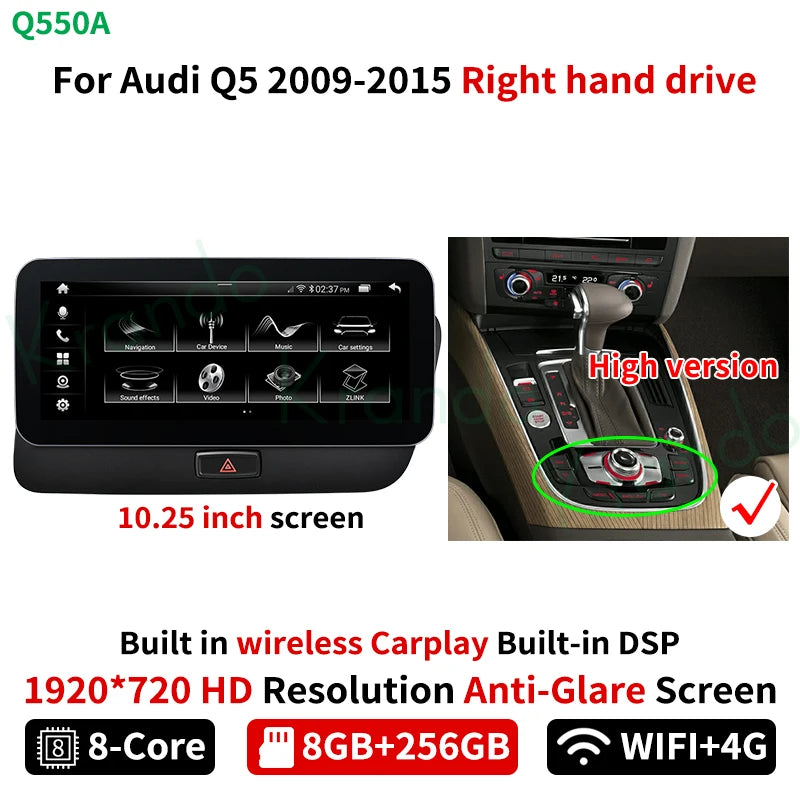 Krando 10.25'' Android Car Radio Gps stereo for Audi Q5 2009 - 2015 Navigation touch screen head unit multimedia system Wireless Carplay DSP 4G SIM qualcomm snapdragon