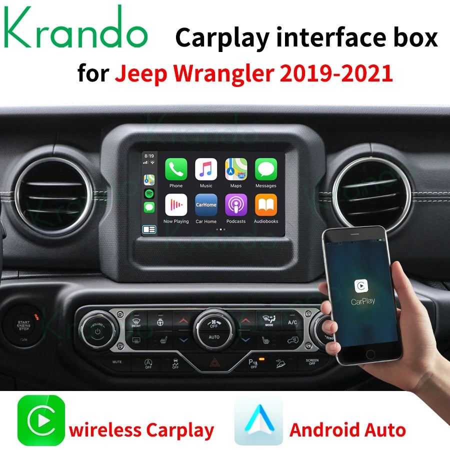 Krando Wireless Android Auto Apple CarPlay Interface module Box For Jeep Grand Cherokee Commander Compass Wrangler Renegade 300C Dodge siri bt camera active