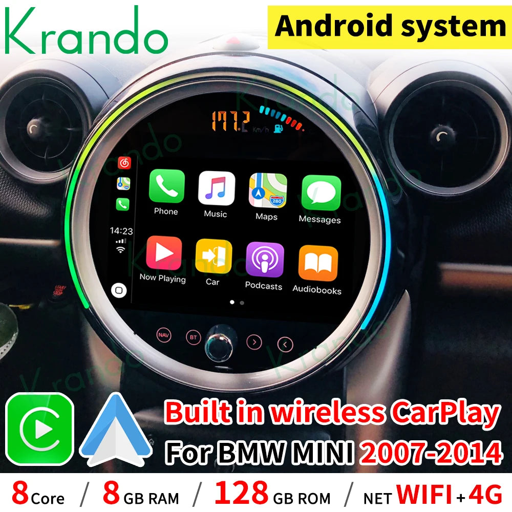 Krando 9" Android 13 Car Radio Gps Multimedia stereo for BMW Mini Cooper R56 R60 2007 - 2014 Wireless Carplay Navigation system head unit with touch screen