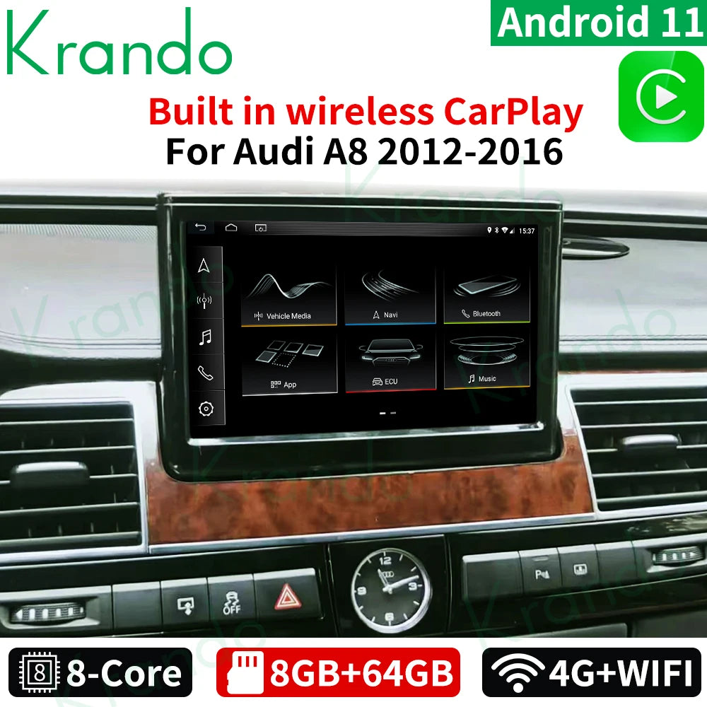 Krando 8'' Android car radio gps stereo For Audi A8 A8L D4 2012 - 2016 head unit navigation multimedia system carplay android auto 4g sim oem style