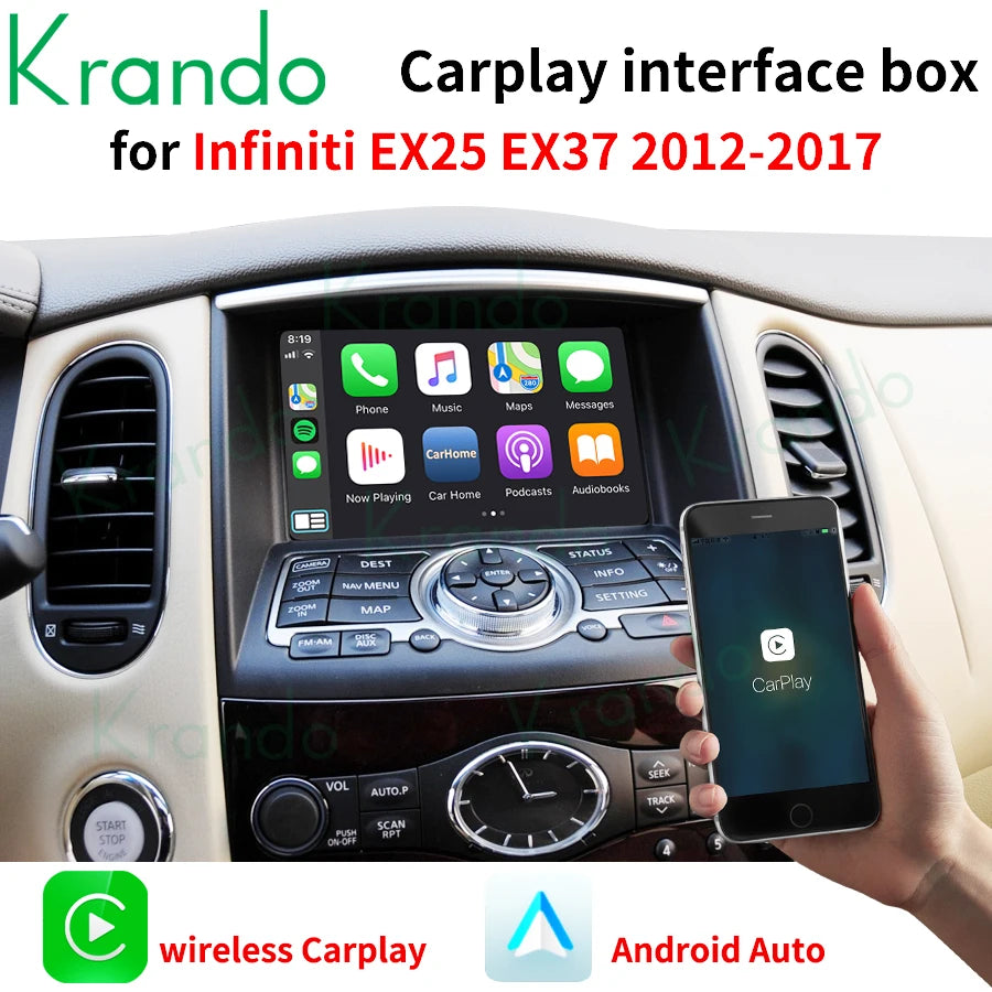 Krando Wireless Android Auto Apple CarPlay Interface module For Infiniti M37 M25 M35 M56 Q70 G25 G37 Q40 QX50 EX25 EX37 QX60 G35 rear camera upgrade box