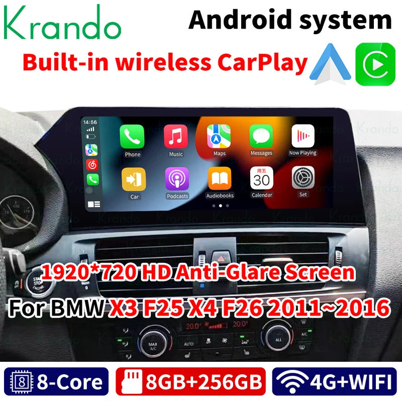 Krando 12.3 Inch Carplay Android For BMW X3 F25 X4 F26 2011-2016 Stereo Multimedia Player GPS Navigation CarPlay Screen Head