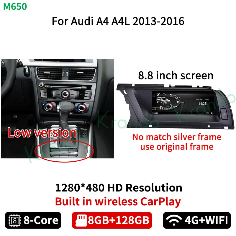 Krando 8.8" Android 13 Autoradio For Audi A4 A4L A5 2009 - 2016 Car radio gps navigation multimedia system carplay android auto