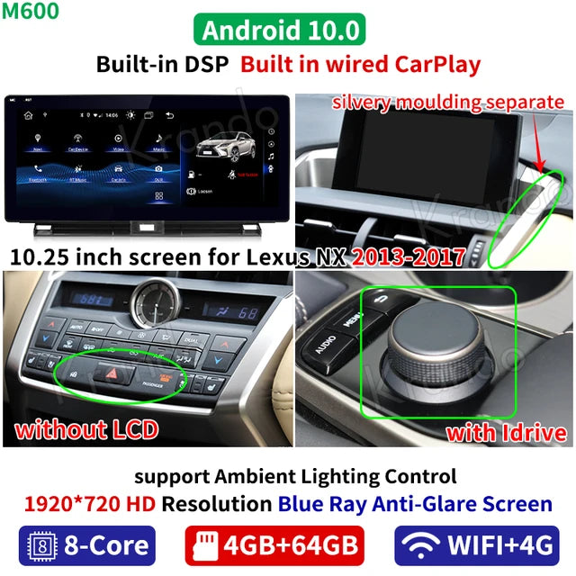 Krando 10.25" android car radio For Lexus NX 200t 300h 2013 - 2017 head unit stereo navigation system carplay android auto 4g sim