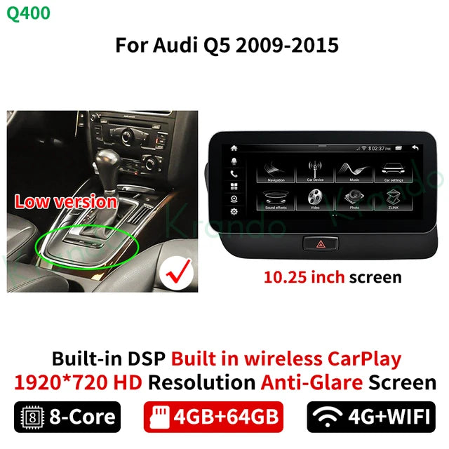 Krando 10.25'' Android Car Radio Gps stereo for Audi Q5 2009 - 2015 Navigation touch screen head unit multimedia system Wireless Carplay DSP 4G SIM qualcomm snapdragon