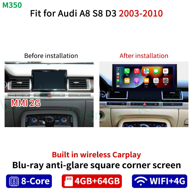 Krando 12.3'' Android car radio gps stereo For Audi A8 S8 D4 2010-2017 touch screen Navigation GPS multimedia Player system Wireless Carplay head unit