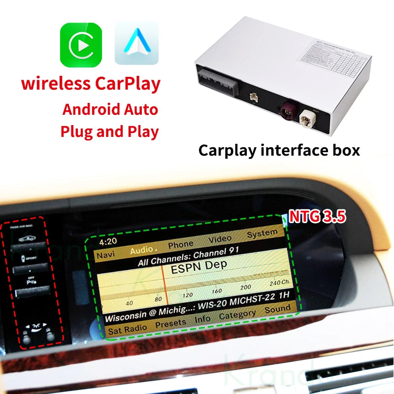 Krando Wireless Android Auto Apple CarPlay Interface module For Mercedes Benz S Class W221 2005 - 2013 NTG 3.0 3.5 Siri Control camera active upgrade box