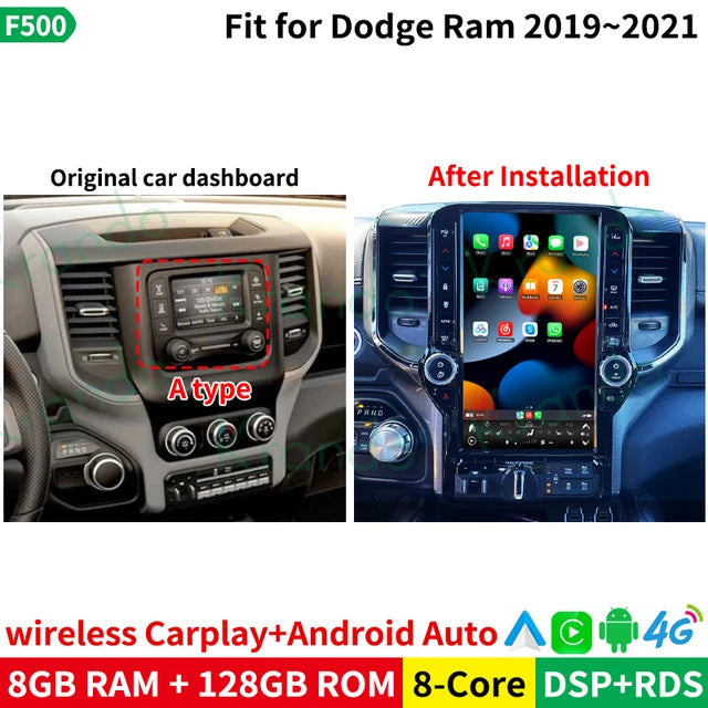 Krando 13.6" android verticial screen multimedia player for dodge ram 2019 2020 2021 car radio gps stereo navigation system carplay head unit android auto 4g sim