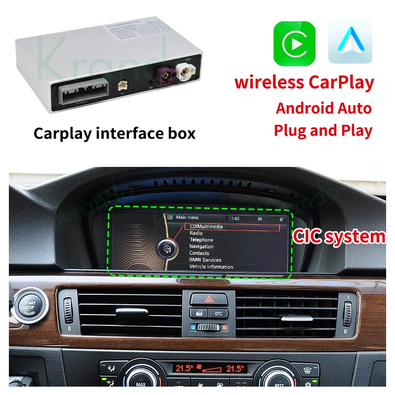 Krando Android Auto Wireless APPLE CarPlay Interface module For BMW 3 5 Series E60 E61 E63 E64 E90 E91 E92 CIC siri bt camera active upgrade box