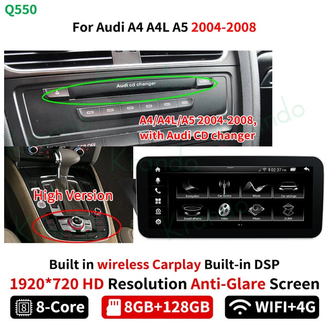 Krando Android 13 10.25'' Car Radio GPS Stereo For Audi A4 A4L B8 A5 2004 - 2008 CD Changer navigation touch screen Wireless Carplay Head Unit Multimedia system