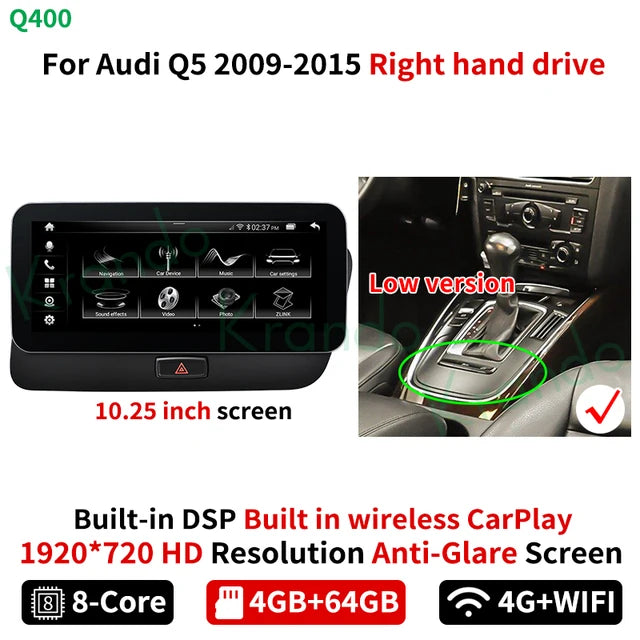 Krando 10.25'' Android Car Radio Gps stereo for Audi Q5 2009 - 2015 Navigation touch screen head unit multimedia system Wireless Carplay DSP 4G SIM qualcomm snapdragon