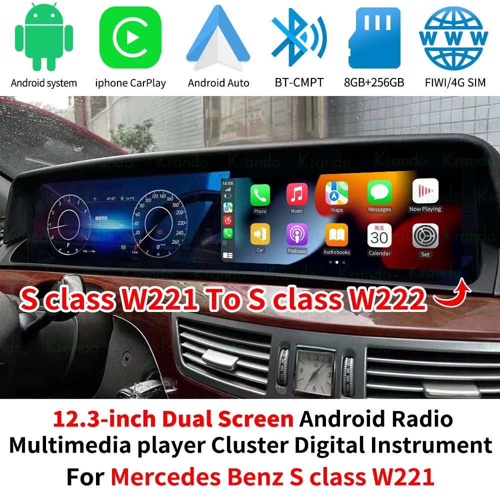 Krando 24.6" dual screen android car radio head unit for mercedes benz s class w221 2005-2013 navigation multimedia system upgrade to w222 2016-2019