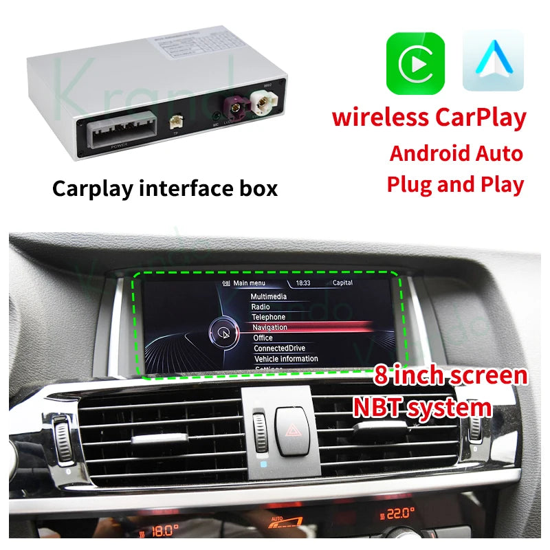 Krando Wireless Android Auto Apple CarPlay Interface module For BMW X3 F25 X4 F26 G01 G02 CIC NBT EVO 2011-2020 Siri bt camera active upgrade box