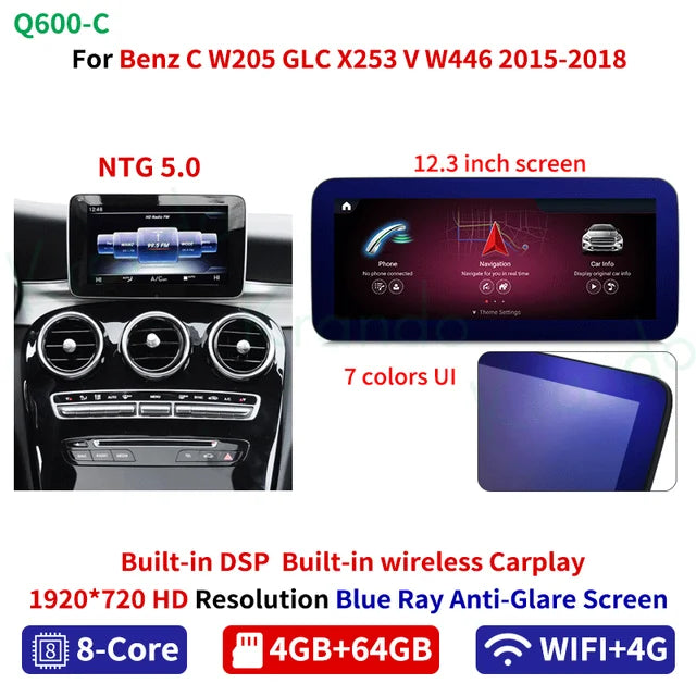 Krando Android 12.3'' car head unit For Mercedes Benz C W204 W205 GLC-X25 V W446 2008 - 2018 radio gps navigation multimedia system autoradio carplay android auto 4g sim card