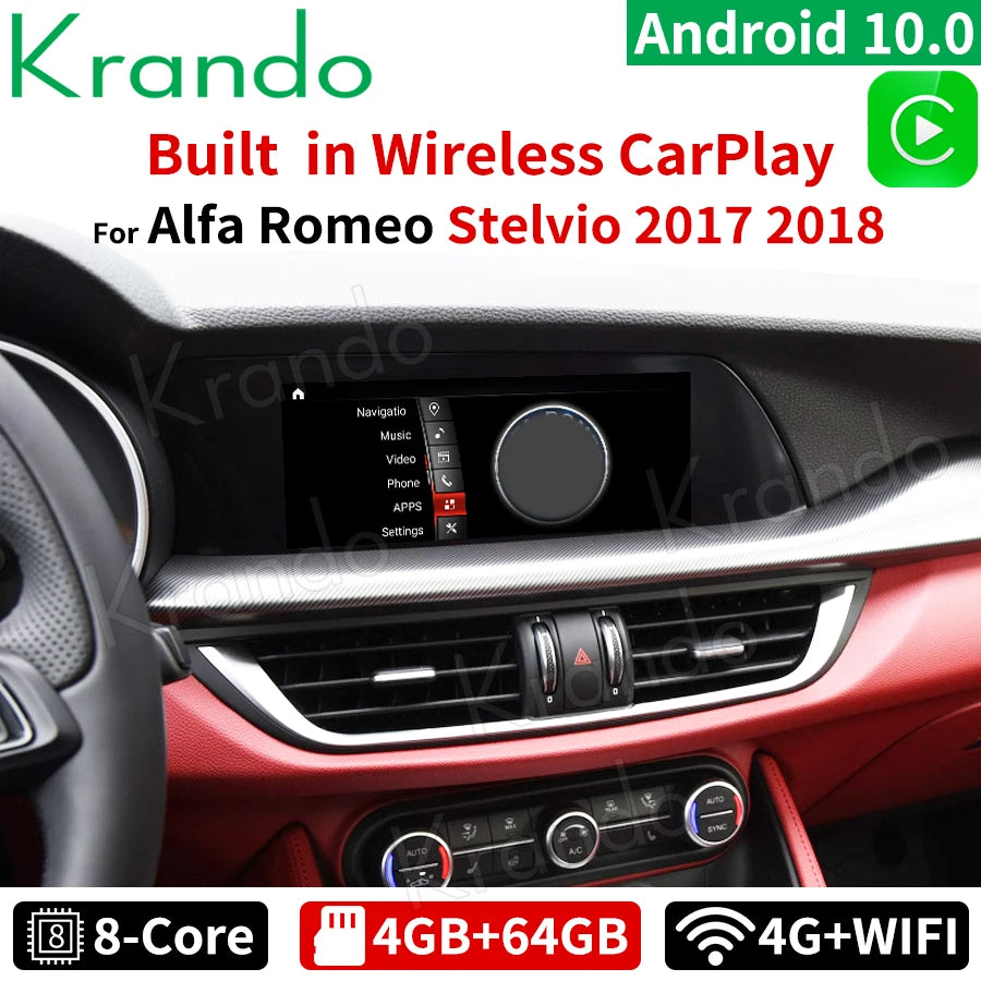 Krando 10.25" Android car radio gps stereo For Alfa Romeo Stelvio 2017-2018 touch screen head unit navigation multimedia Player system Wireless Carplay Wifi 4g