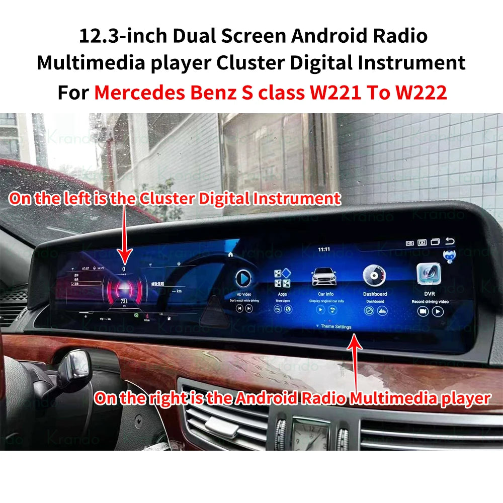 Krando 24.6" dual screen android car radio head unit for mercedes benz s class w221 2005-2013 navigation multimedia system upgrade to w222 2016-2019